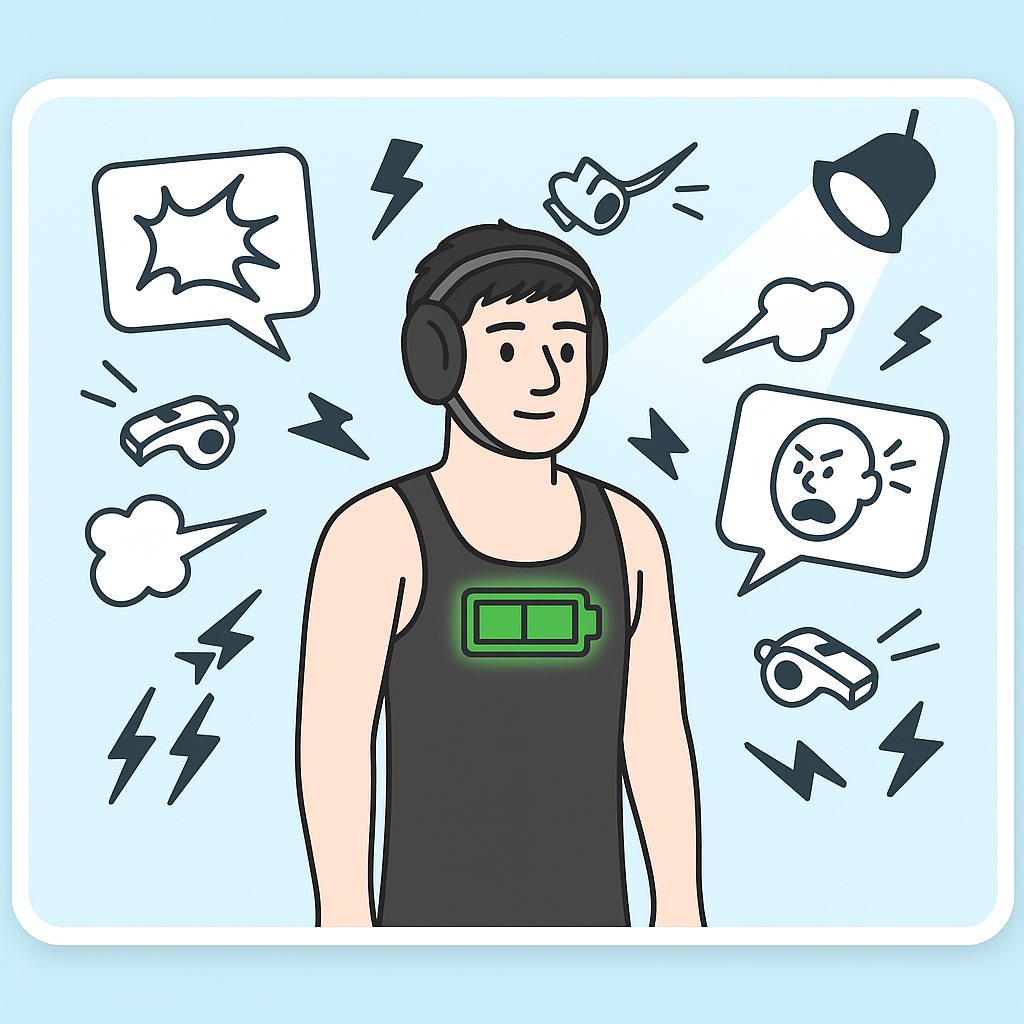 Wrestler with calm confidence and a full battery centered on the chest